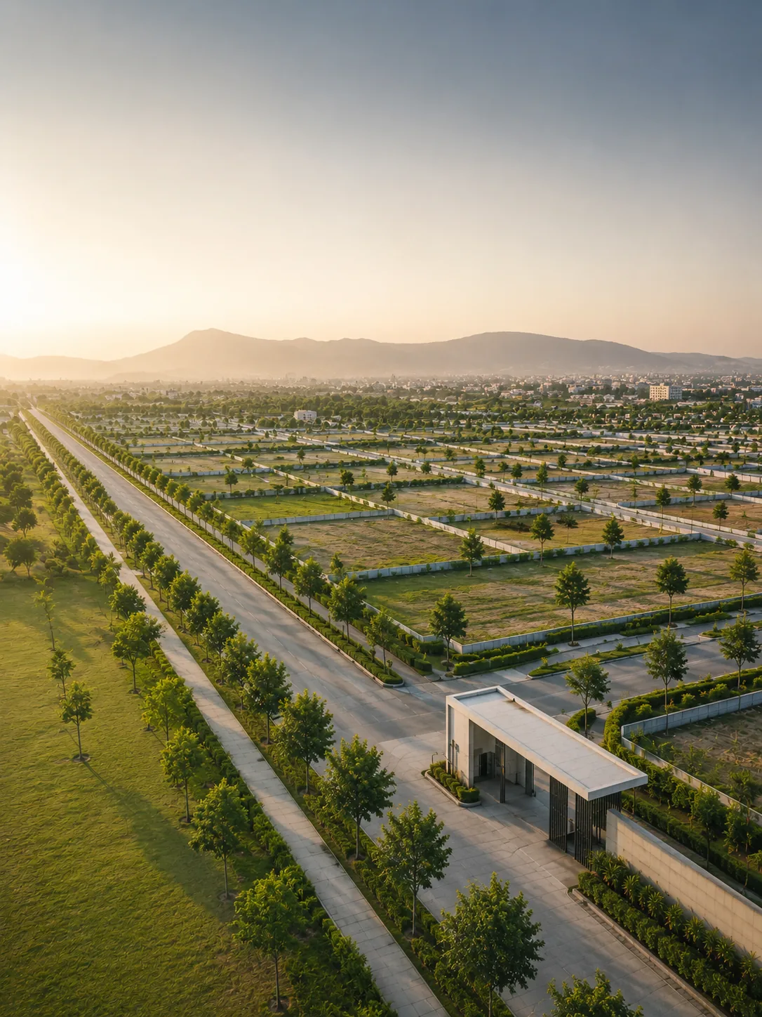 Illustrative aerial view of a plotted residential development at sunrise